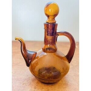 VTG MCM Pilgrim Blown Glass Amber Mini Pitcher Vase Teapot Cruet  5 3/4” Tall